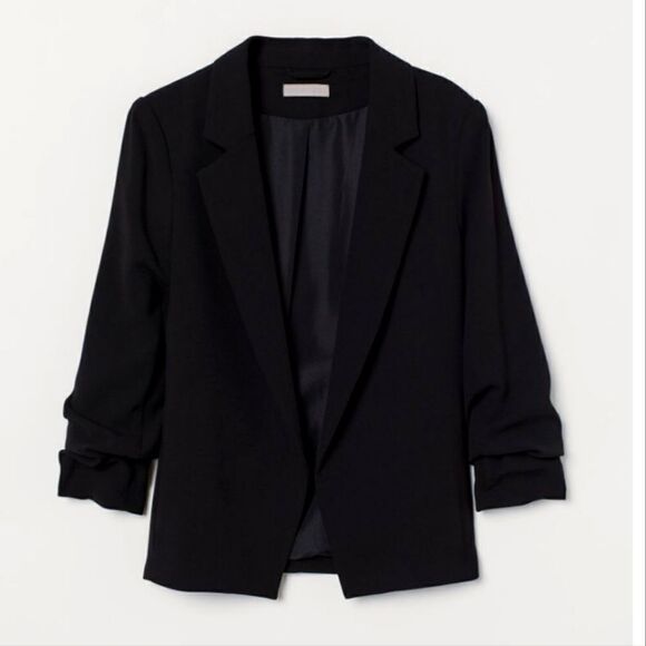 H&M Jacket Womens 2 Black Gathered Sleeves Crepe Blazer Open - Picture 1 of 5